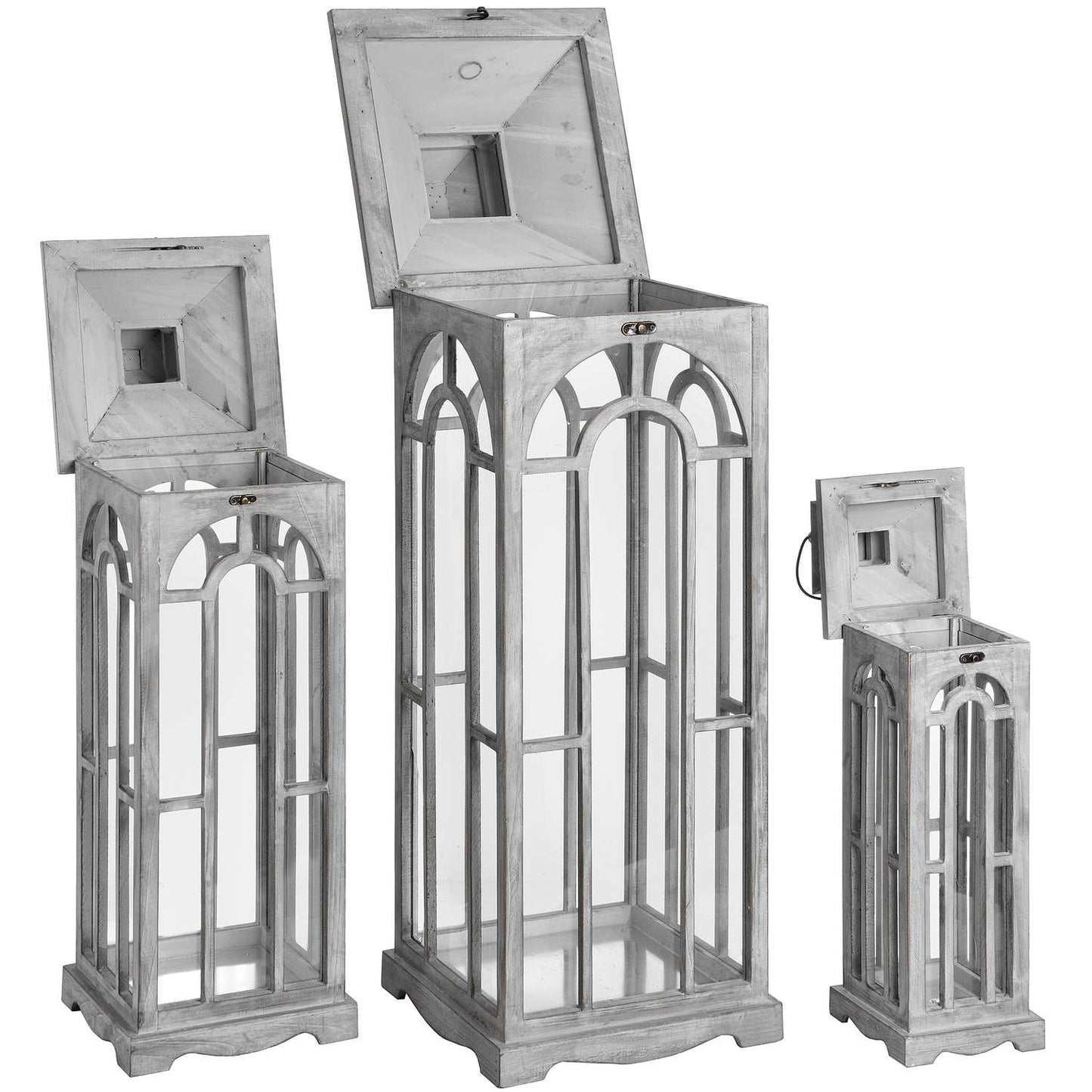 Set Of Three Wooden Lanterns With Archway Design