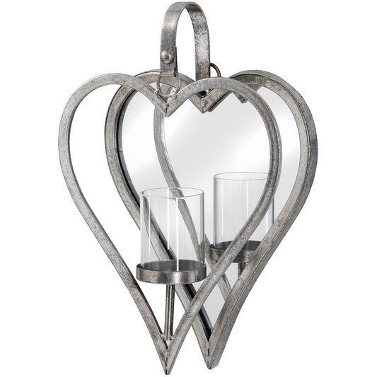 Small Antique Silver Mirrored Heart Candle Holder