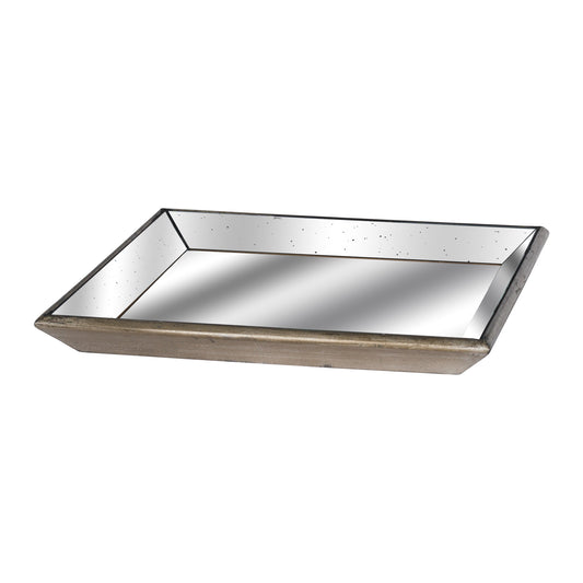 Astor Distressed Mirrored Square Tray W/Wooden Detailing Lge